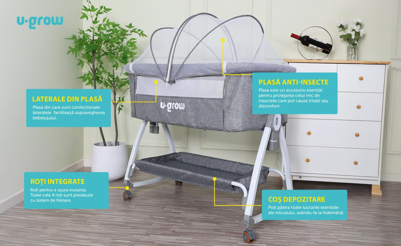 U-Grow Puericultură Patut Co-sleeper U-Grow UG-WBB818 | 2 in 1, Functie Leagan