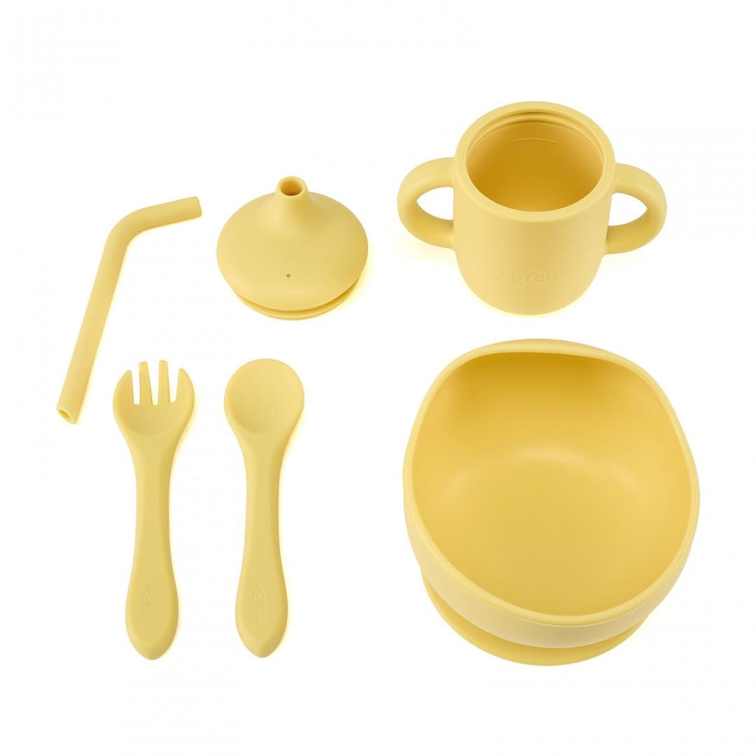 U-Grow Alimentație bebe Set Diversificare Silicon U-Grow UG-422YE | 4 Piese, Cana cu Pai, Bol, Lingurita, Furculita, Galben