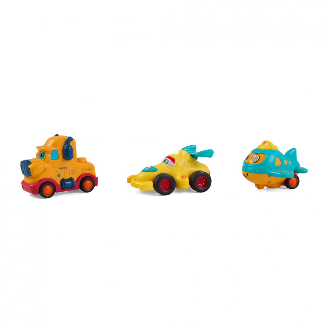 Set 3 Vehicule Actionate Prin Inertie- Camion Galben, Masina de Curse Galbena, Avion Albastru, Momki