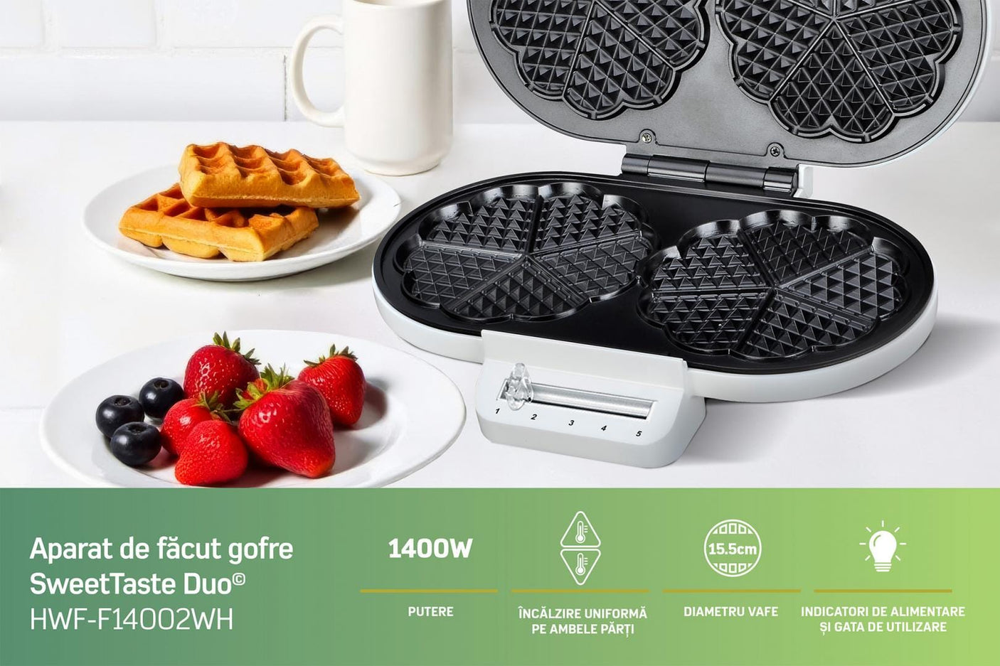 Heinner Aparat de facut gofre Aparat De Facut Gofre Heinner HWF-F14002WH | 1400W, Alb