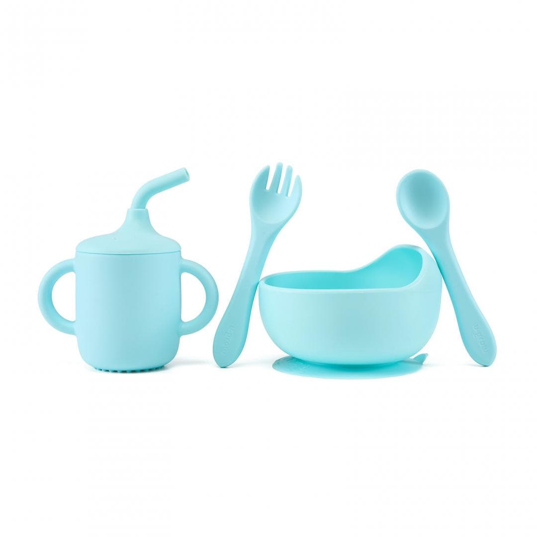 U-Grow Alimentație bebe Set Diversificare Silicon U-Grow UG-422BL | 4 Piese, Cana cu Pai, Bol, Lingurita, Furculita, Albastru