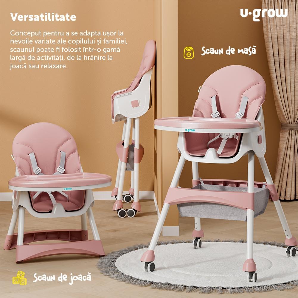 U-Grow Puericultură Scaun de Masa Copii U-Grow UG-502-PK | 2 in 1, Pliabil, Roz