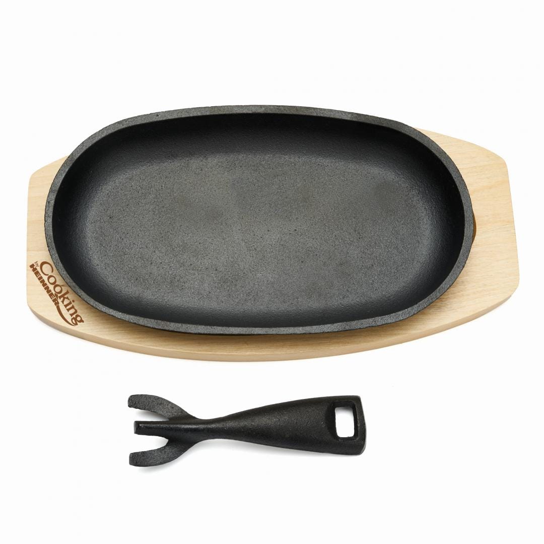 Heinner Vase de gatit Platou Servire Heinner HR-YT-995 | Oval 24x14cm, Fonta Pura, Maner Detasabil, Baza Lemn