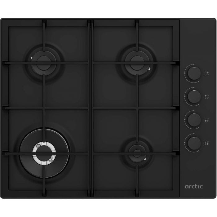 Arctic Plita incorporabila Plita metalica pe gaz Arctic ARGW64125SB, control butoane lateral-culoare negru, 4 arzatoare, arzator Wok, suport vase din fonta, aprindere integrata, siguranta plita-Safety Plus, negru