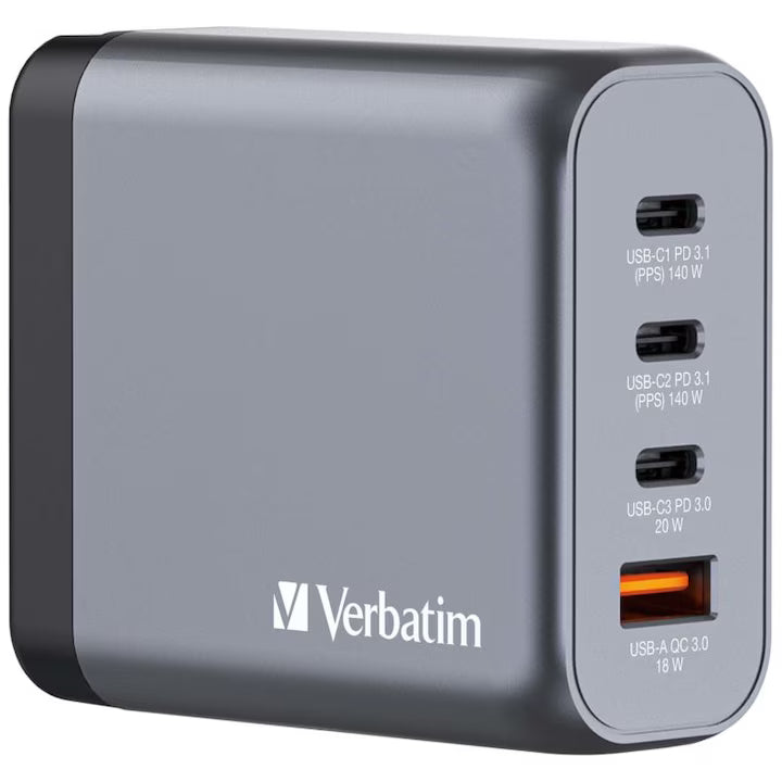 Adaptor universal Verbatim GaN III, Travel, 140W2xUSBC,PD 3.1&QC 4+,1xUSBC, PD 3.0&1xUSBA, QC 3.0