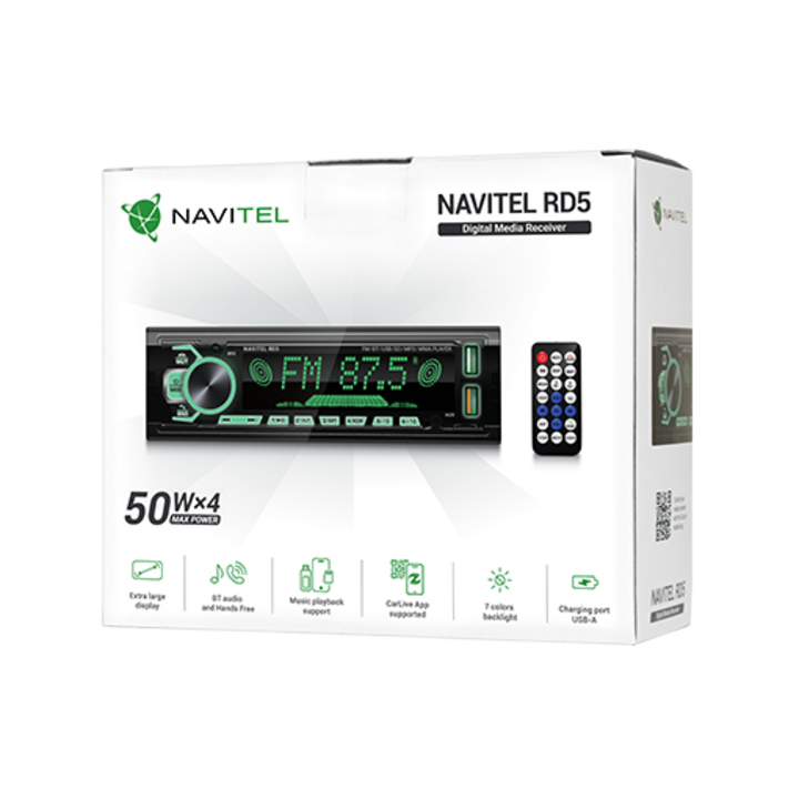 Player Auto Navitel RD5, 1DIN 4х50 watt, Bluetooth 4.0 cu suport A2DP, HFP, FM, redare FLAC, MP3, WMA, WAV, AUX input, microSD pana la 256GB, 2x porturi USB, RGB backlight, RCA-out, Hands-free, Telecomanda, CarLiveApp pentru Android si iOS