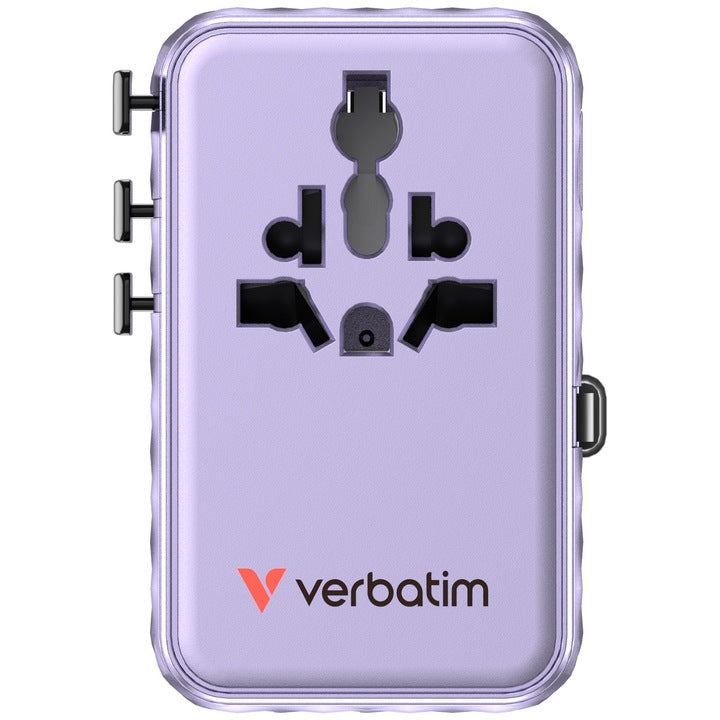 Adaptor Verbatim GaN,100W, cablu retractab,violetUSB-C PD 3.0 QC4+up to 100W/USB-A up to 12W