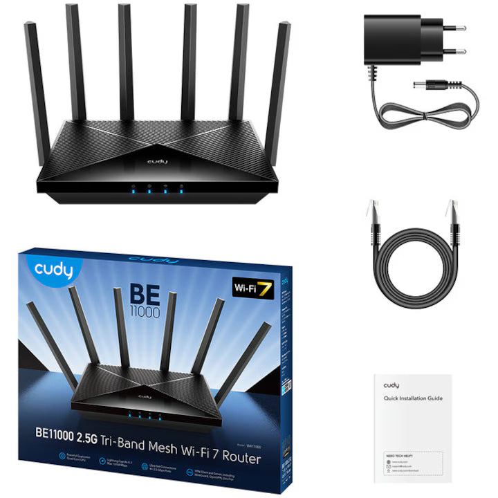 Router CUDY WR11000 | WiFi 7, 11000 Mbps, Tri-Band, Negru