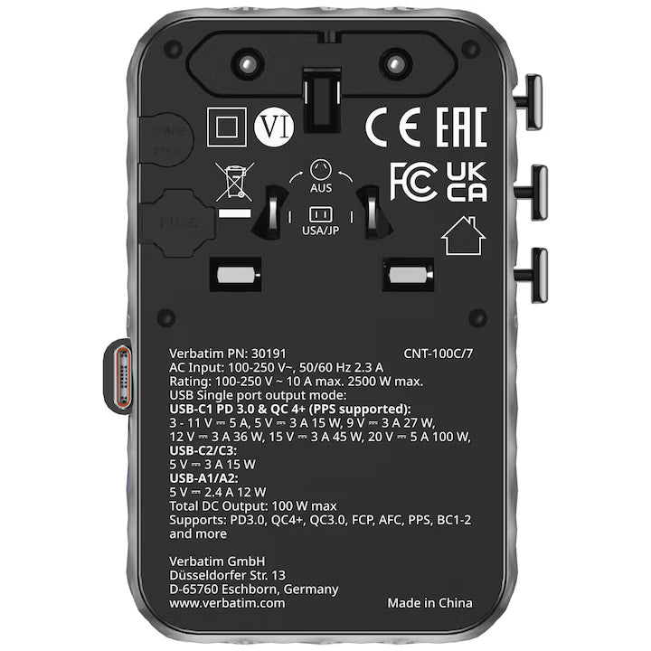 Adaptor Verbatim GaN,100W,cabluri retractab,negruUSB-C PD 3.0 QC4+up to 100W/USB-A up to 12W