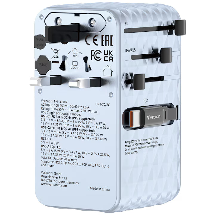 Adaptor Verbatim GaN,70W,2 cabluri retractab,bleuUSB-C PD 3.0 QC4+up to 70W/USB-A QC 4+up to 60W