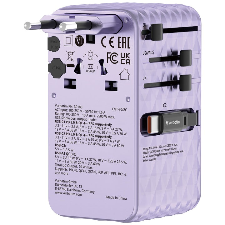 Adaptor Verbatim GaN,70W,2 cabluri retract,violetUSB-C PD 3.0 QC4+up to 70W/USB-A QC 4+up to 60W