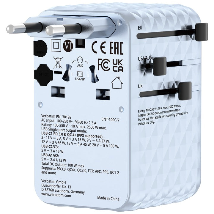 Adaptor Verbatim GaN,100W,cablu retractab,bleuUSB-C PD 3.0 QC4+up to 100W/USB-A up to 12W