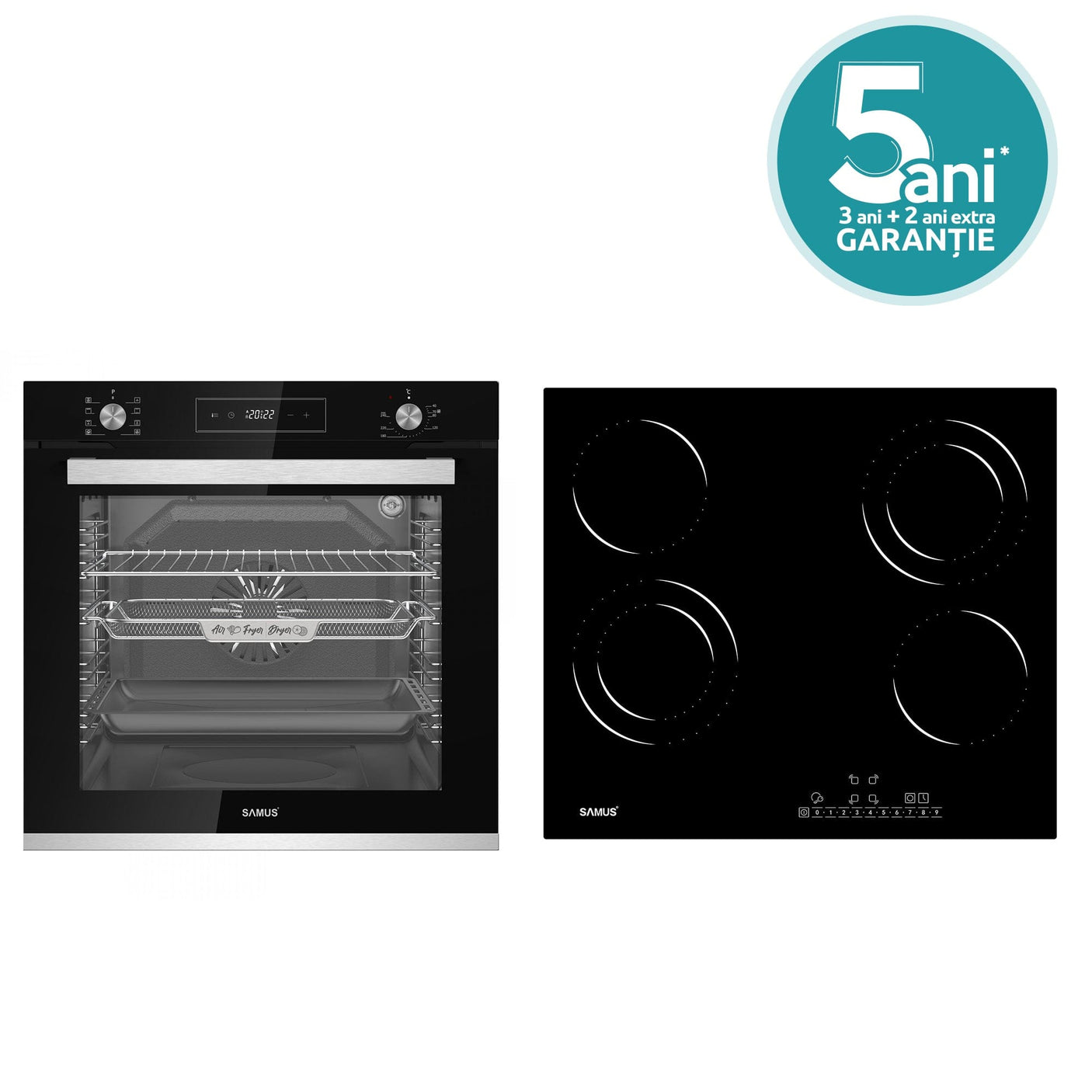 Samus Pachet built in Pachet Built-In Samus SCE828GCF3D + PSVE-64BG6 | Cuptor 80L 8 Functii + Plita Vitroceramica 60cm, Negru