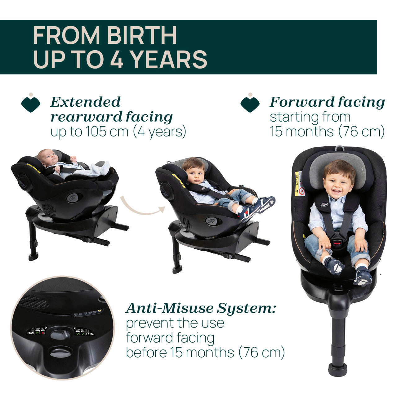 Scaun Auto Rotativ cu Baza Isofix Chicco Seat 105 I-size, Posh Black, 40-105cm, de la Nastere Pana la 4 Ani