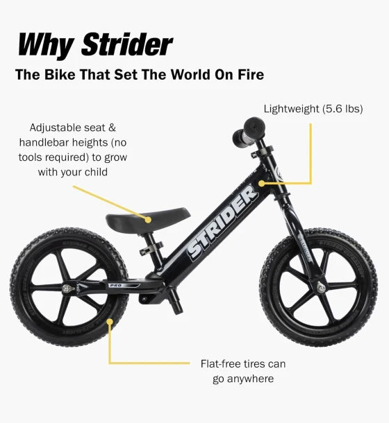 Strider Bicicleta fara pedale pentru copii Strider 12 Pro Balance 2-5 ani Negru Perlat