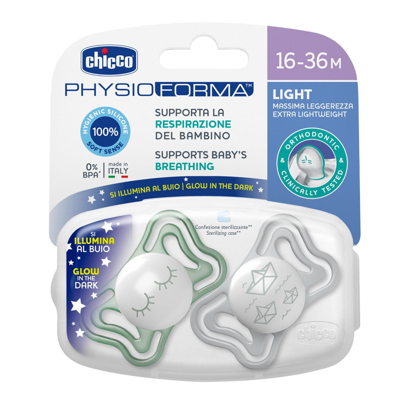 Chicco Alimentație bebe Suzeta Chicco Physioforma Light Glow 7103941-7 | 2buc, Unisex, 16-36luni, Glow