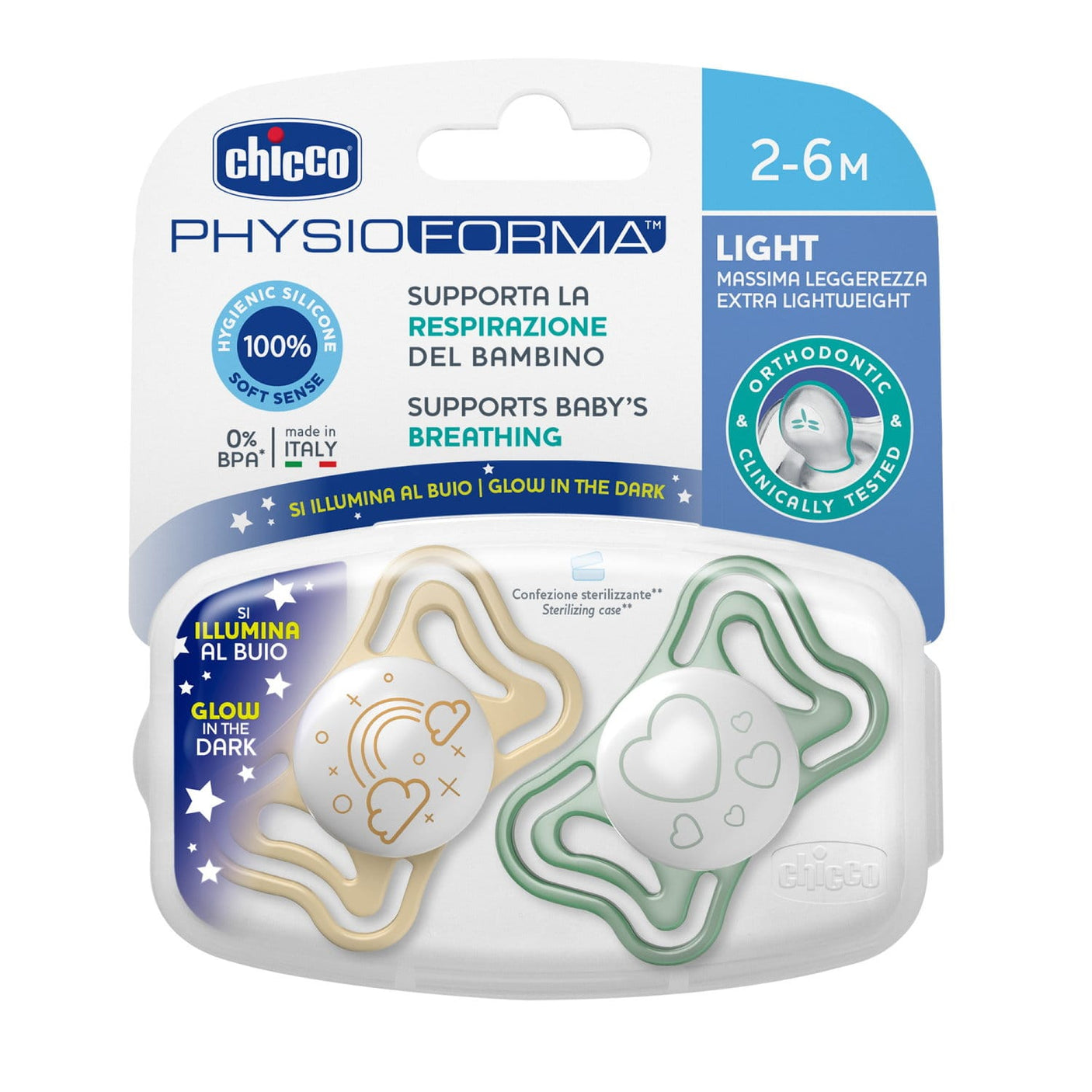 Chicco Alimentație bebe Suzeta Chicco Physioforma Light Glow 7103741-7 | 2buc, Unisex, 2-6luni, Lumineaza