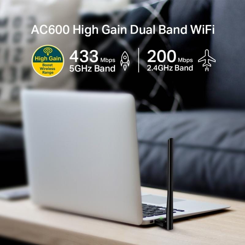 TP-Link Adaptor Wi‑Fi USB TP‑Link Archer T2U Plus Dual Band 2.4/5 GHz, 600 Mbps, antenă externă, negru