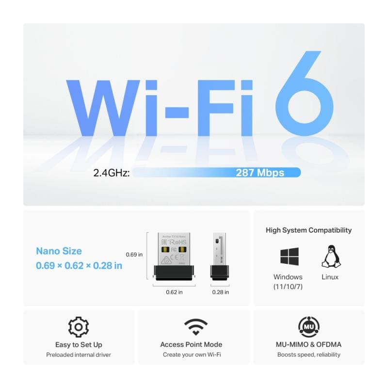 TP-Link Adaptor retea Adaptor Wi-Fi USB TP-Link Archer TX1U | Nano, Wireless, PC si Laptop