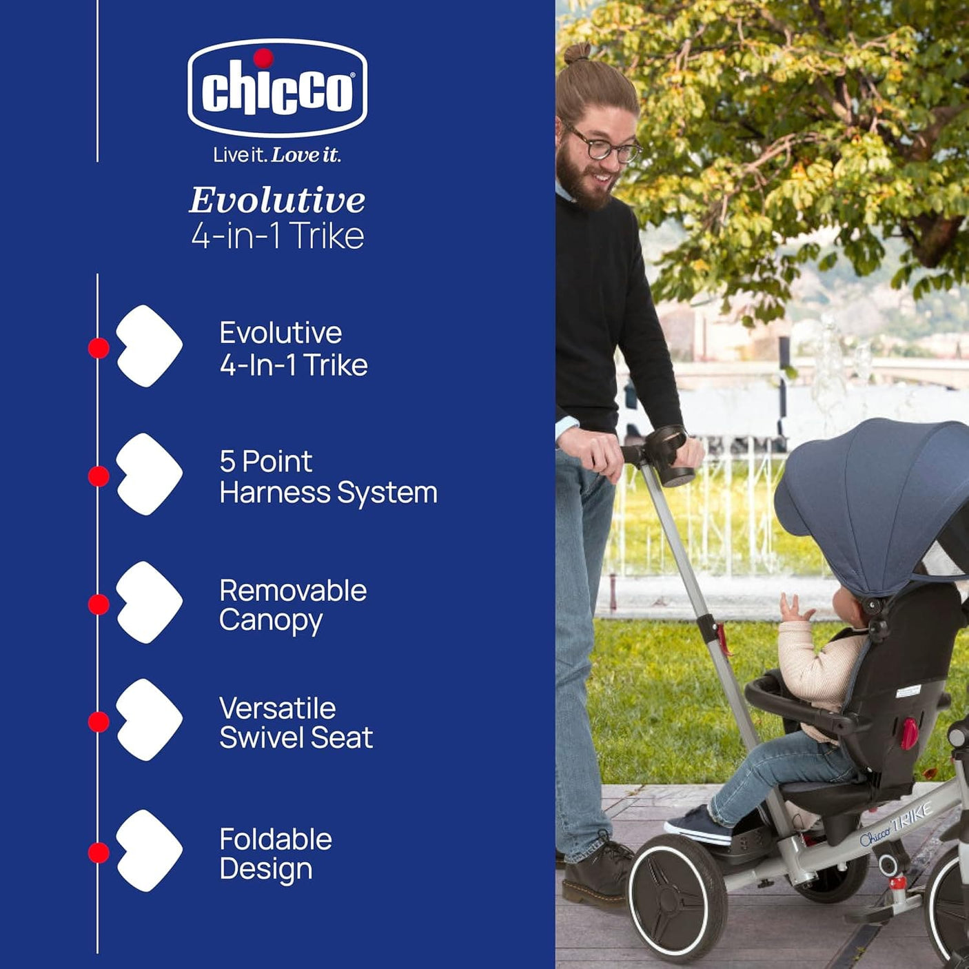 Chicco Îngrijire bebe Tricicleta Evolutiva Chicco 1213600-1 | 4 in 1, Cu Copertina si Maner, Albastra, 6 Luni+