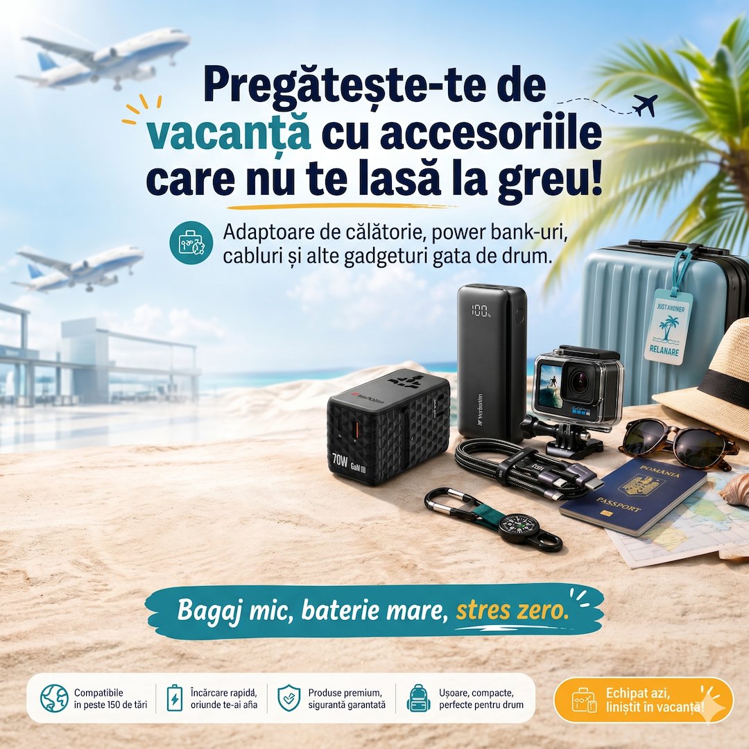Accesorii pentru vacanță - adaptoare, power bank, camere de acțiune - PC-Doc.ro