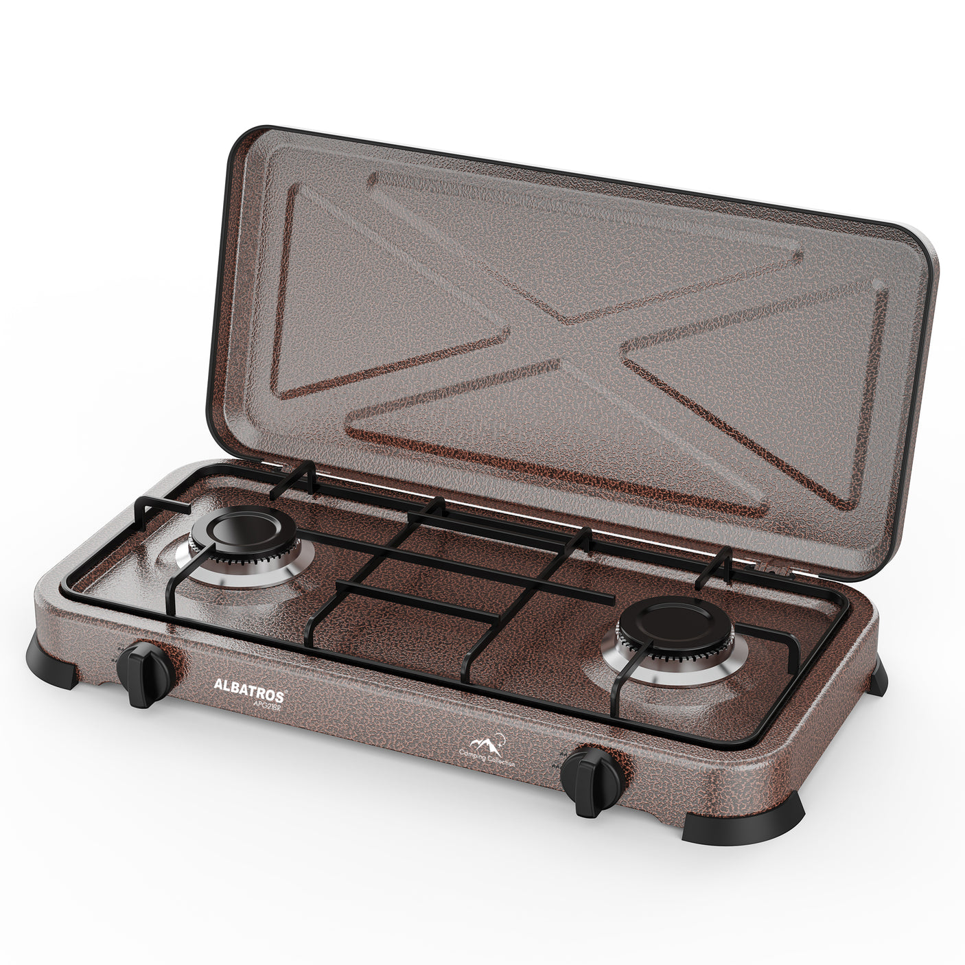 Plită pe gaz Albatros APG21BR - maro, poate fi utilizata doar in spatii exterioare, 2 arzatoare, putere 4,4 kW(2x2,2 kW), suprafata emailata, montata pentru a fi utilizata cu gaz GPL(tip aragaz), gratar metalic emailat, butoane ergonomice, capac de protec