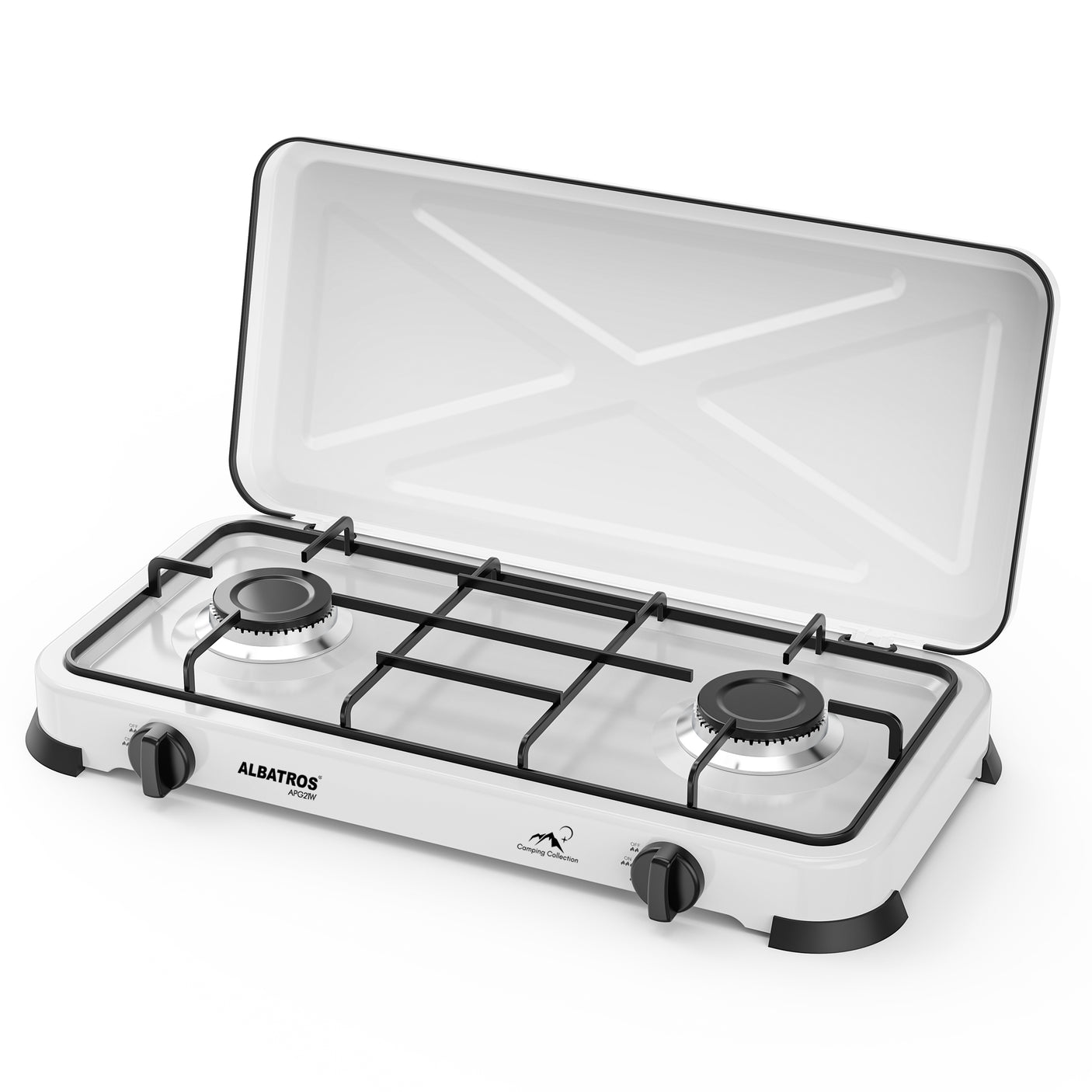 Plită pe gaz Albatros APG21W - alba, poate fi utilizata doar in spatii exterioare, 2 arzatoare, putere 4,4 kW(2x2,2 kW), suprafata emailata, montata pentru a fi utilizata cu gaz GPL(tip aragaz), gratar metalic emailat, butoane ergonomice, capac de protect