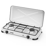 Plită pe gaz Albatros APG21W - alba, poate fi utilizata doar in spatii exterioare, 2 arzatoare, putere 4,4 kW(2x2,2 kW), suprafata emailata, montata pentru a fi utilizata cu gaz GPL(tip aragaz), gratar metalic emailat, butoane ergonomice, capac de protect