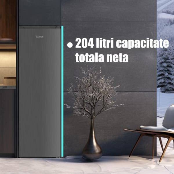 Samus Congelator vertical Congelator Samus SCGXE336NFE, No Frost, 204 L, Clasa E, Super freezeing, Inox