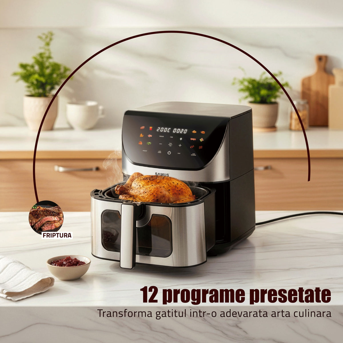 Air Fryer Samus AF8-S1700DW | 1700W, 8L, 12 Programe, Inox/Negru