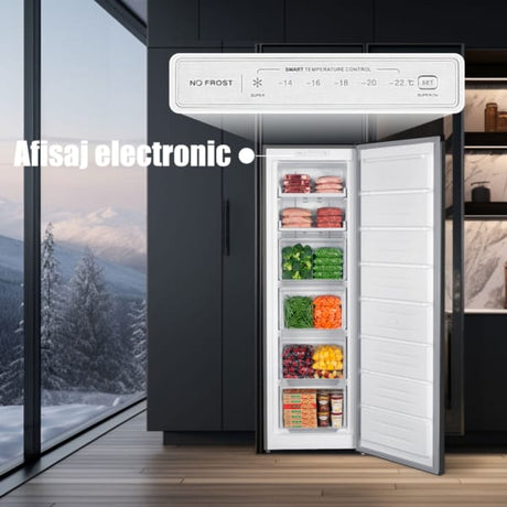 Samus Congelator vertical Congelator Samus SCGXE336NFE, No Frost, 204 L, Clasa E, Super freezeing, Inox