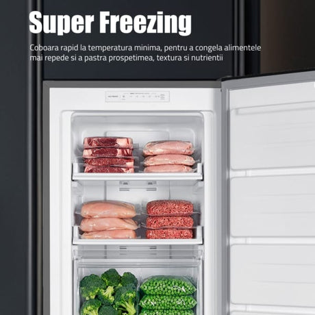 Samus Congelator vertical Congelator Samus SCGXE336NFE, No Frost, 204 L, Clasa E, Super freezeing, Inox