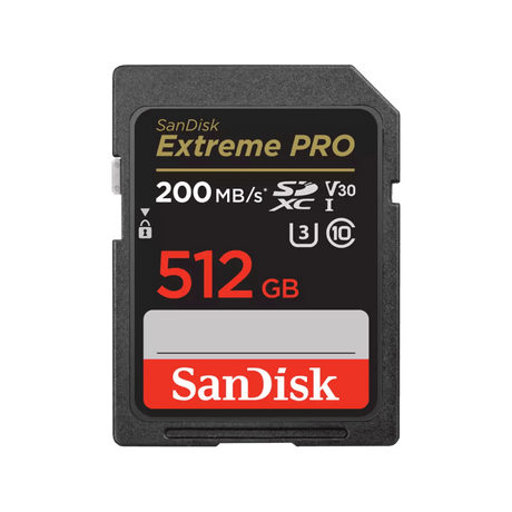 SanDisk SanDisk Extreme PRO. Capacity: 512 GB, Flash card type: SDXC, Flash memory class: Class 10, Read speed: 200 MB/s, Write speed: 140 MB/s, UHS Speed Class: Class 3 (U3), Video Speed Class: V30. Protecti