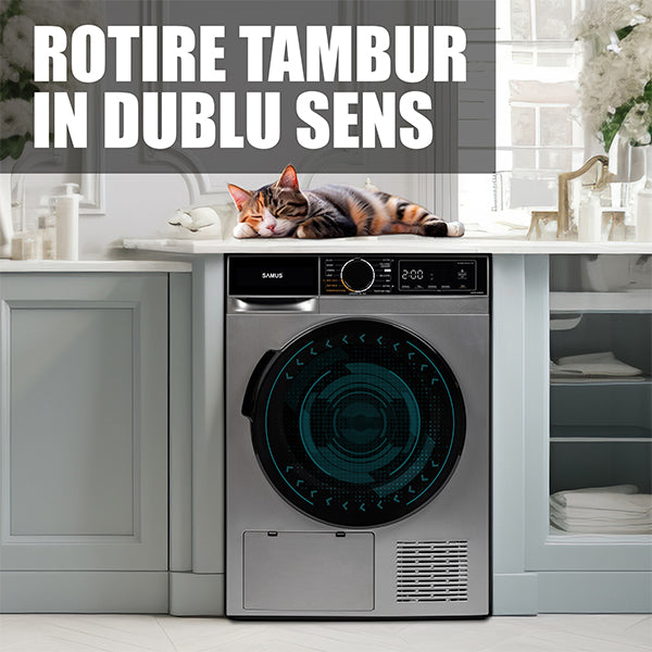 Uscator de Rufe Samus SADP-836DS | 8kg, Pompa de Caldura, 15 Programe, Clasa D, Argintiu, 60x60x84.5cm