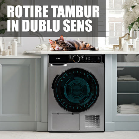Uscator de Rufe Samus SADP-836DS | 8kg, Pompa de Caldura, 15 Programe, Clasa D, Argintiu, 60x60x84.5cm