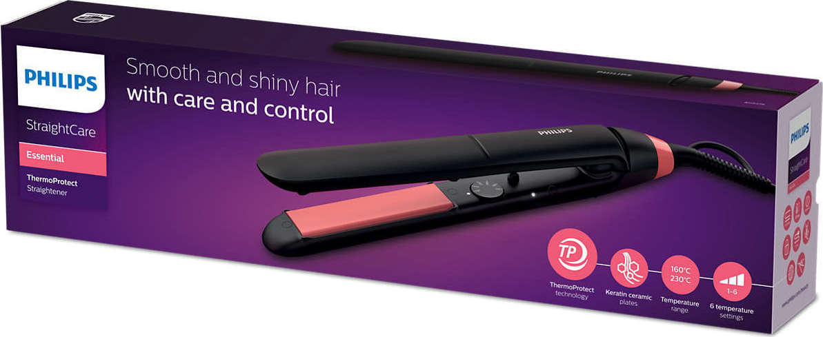 Philips Placa de par Philips StraighCare Essential, tehnologie ThermoProtect, placi cu infuzie de cheratina, Negru