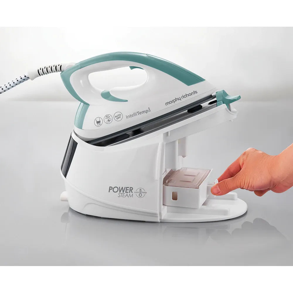 Morphy Richards Statie de calcat, Morphy Richards, Power steam Intellitemp, 2600W, 5 bar, 1.5l functie Intellitemp, Talpa Ceramica, 110g/min, 190g debit de abur continuu, Alb/Verde