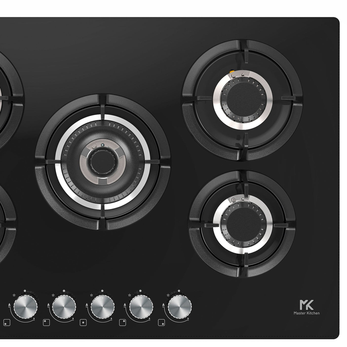 Master Kitchen Plita gaz Master Kitchen, gama Edge, design sticla neagra, 75 cm, 5 arzatoare plate, gratare fonta, arzator coroana tripla, aprindere integrata, sistem siguranta