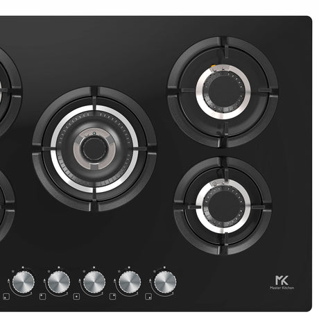Master Kitchen Plita gaz Master Kitchen, gama Edge, design sticla neagra, 75 cm, 5 arzatoare plate, gratare fonta, arzator coroana tripla, aprindere integrata, sistem siguranta