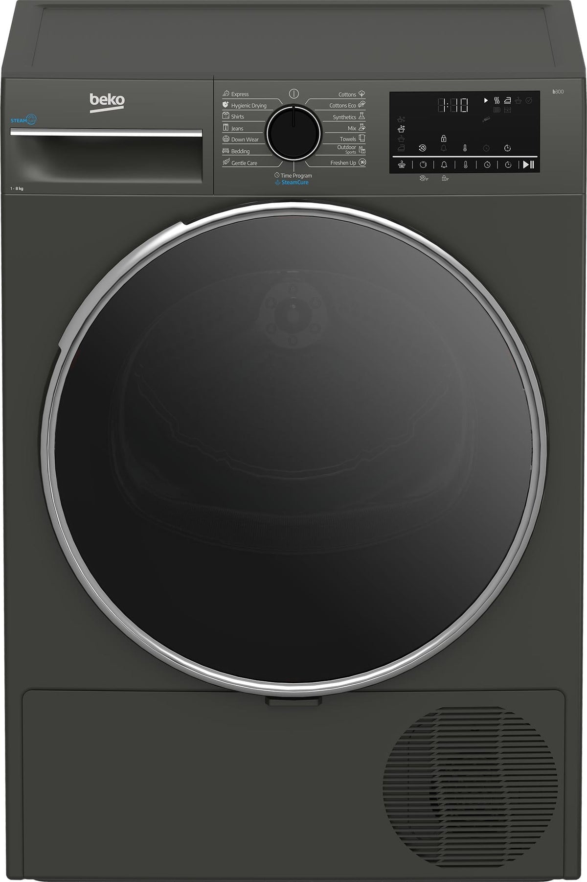 Beko Uscator de rufe Uscator de rufe Beko B3T68239MGEU | 8kg, Pompa de caldura, Clasa D, SteamCure, Manhattan Grey