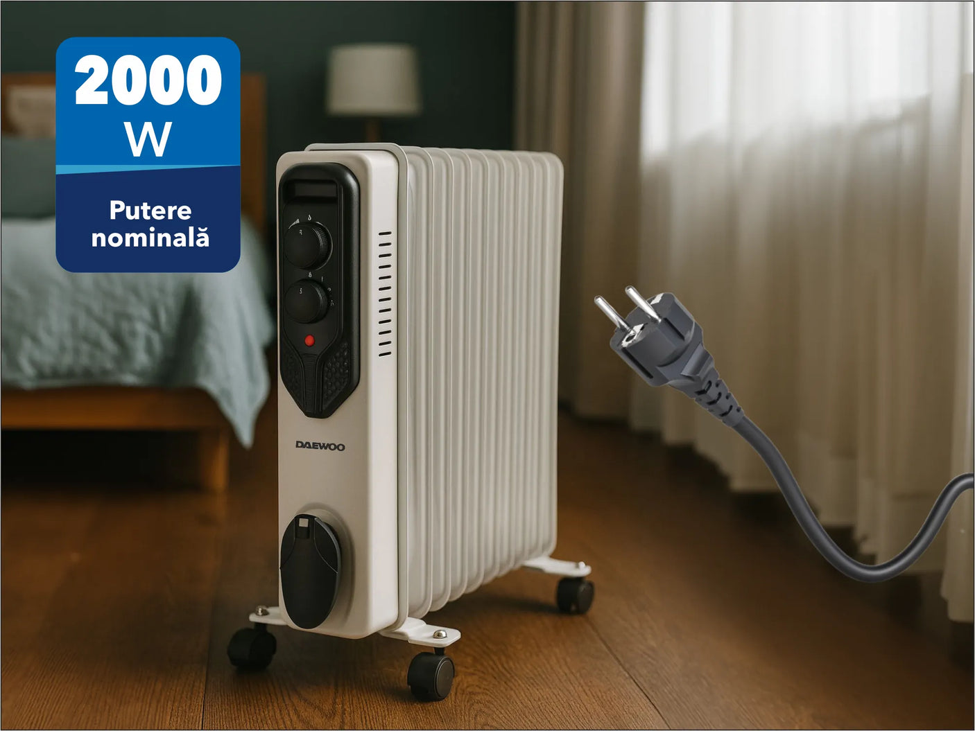 Daewoo SDA Calorifer electric cu ulei Daewoo, 2000 W, 9 elementi, 3 canale de ulei, 3 nivele de putere, termostat reglabil, protectie supraincalzire, indicator luminos, role de deplasare