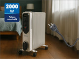 Daewoo SDA Calorifer electric cu ulei Daewoo, 2000 W, 9 elementi, 3 canale de ulei, 3 nivele de putere, termostat reglabil, protectie supraincalzire, indicator luminos, role de deplasare