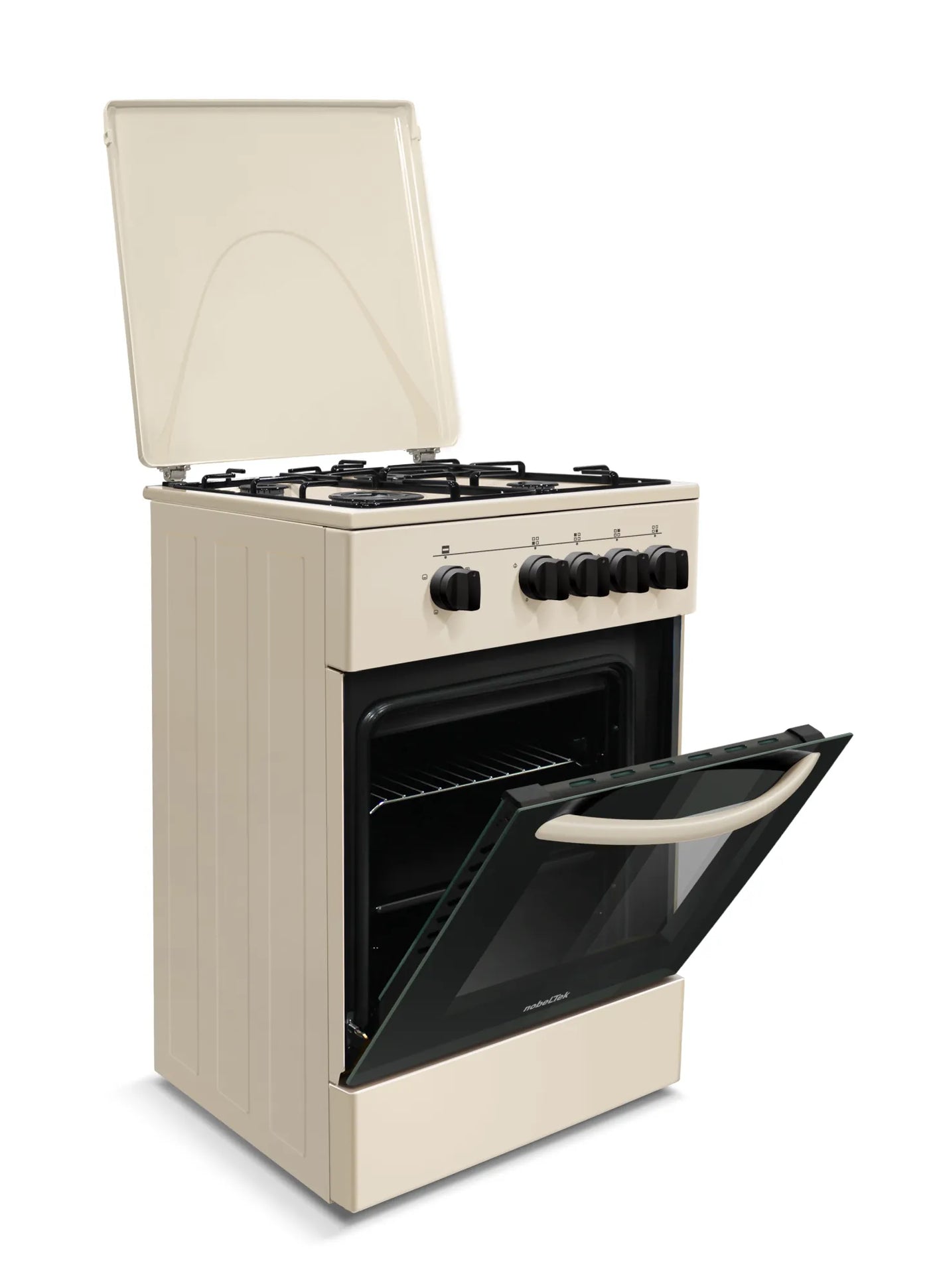 NobeLTek Cooking Aragaz Nobeltek, 50x50, plita gaz, cuptor gaz, siguranta plita si cuptor, echipat cu diuze GPL, diuze GN de schimb, capac tabla, bej