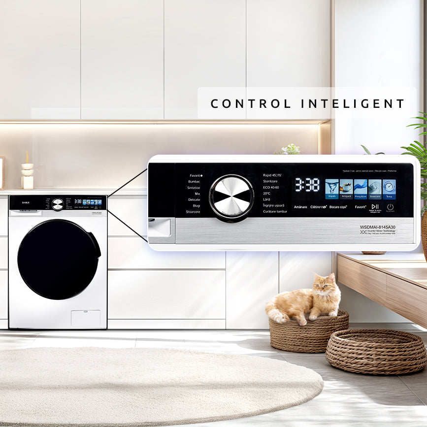 Mașină de Spălat Rufe Inverter Samus | 8kg, 1400 RPM, Clasa A, 14 programe, 59.5x54x85cm, 59.5x48x85cm