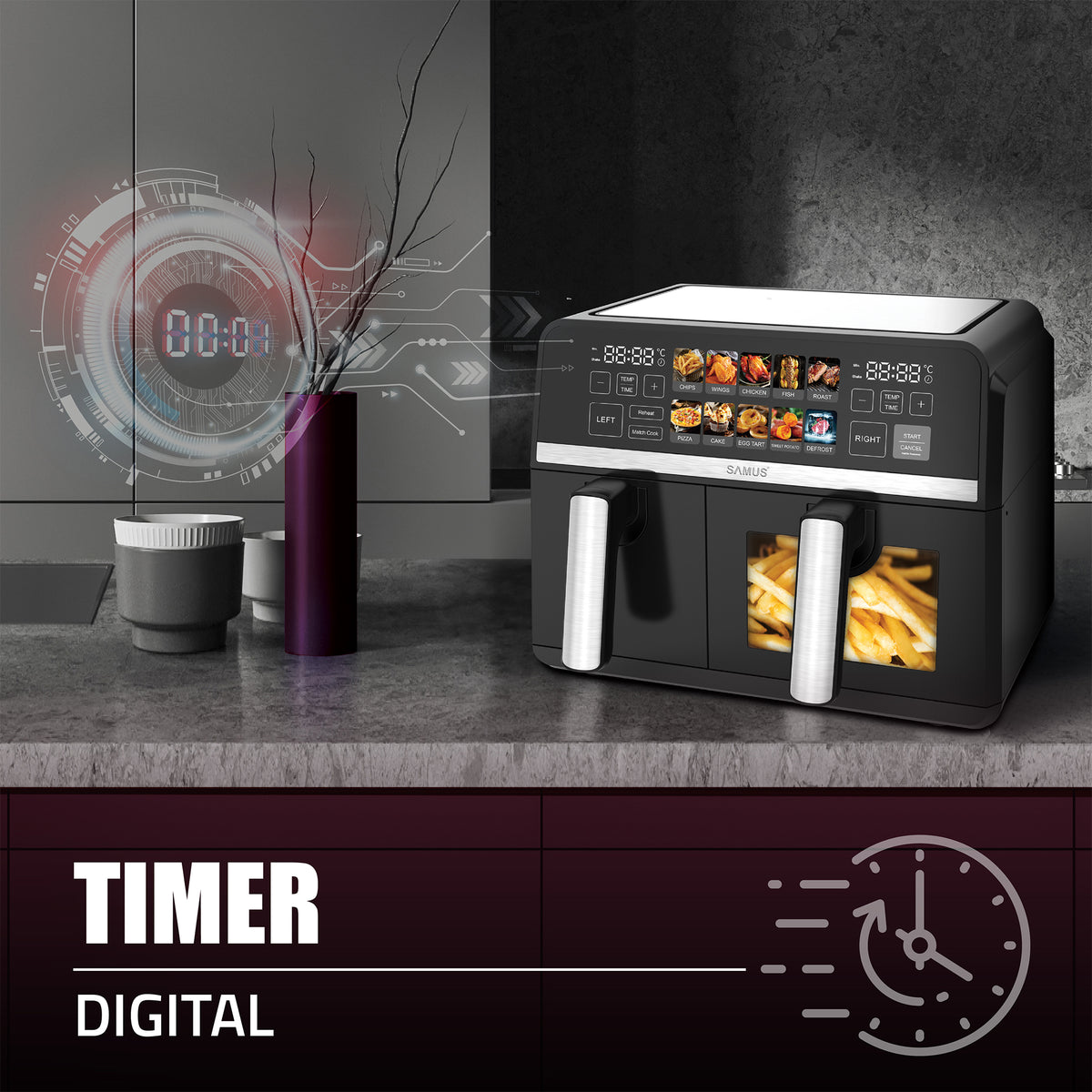 Air Fryer Samus AF9DUO-S2600DW | 2600W, 9L, Dual, 10 Programe, Negru