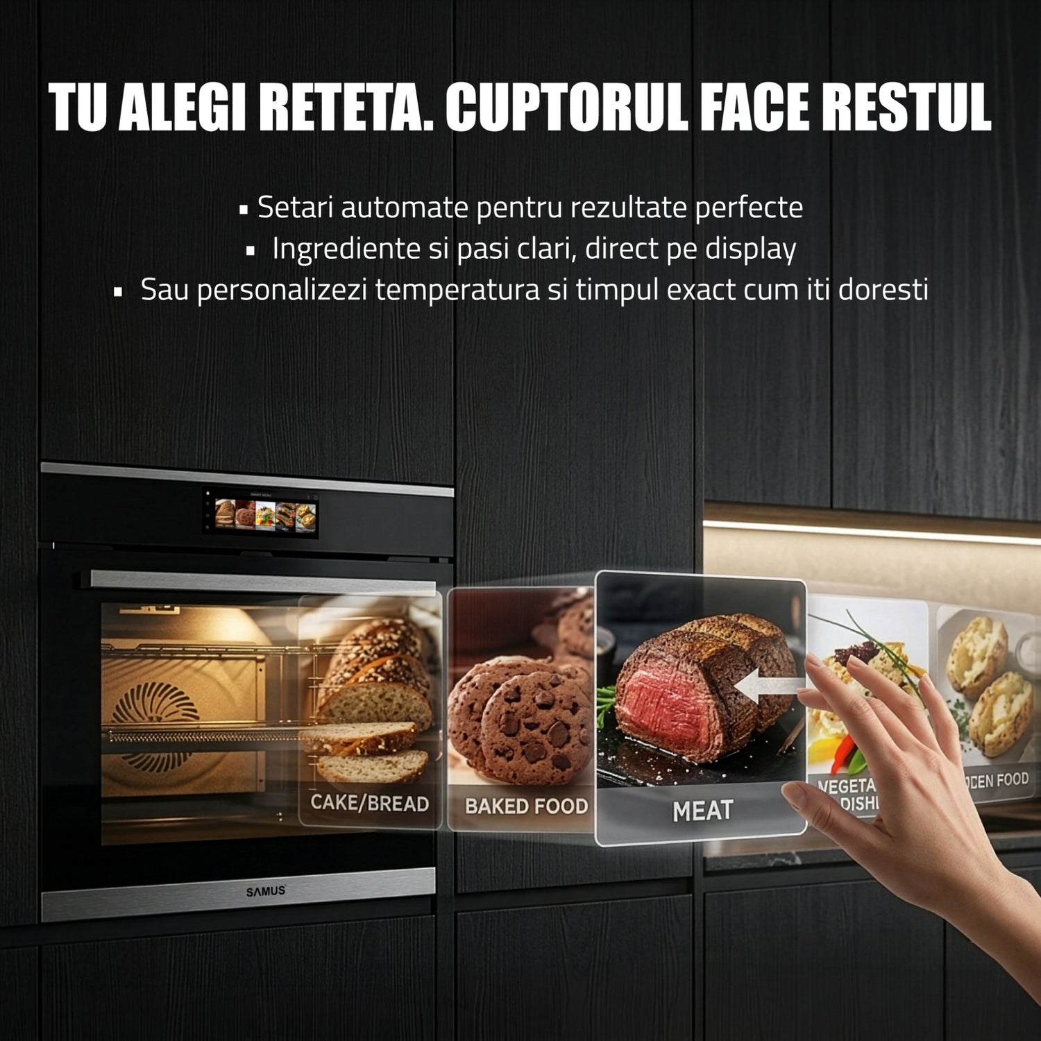 Pachet Built In Samus PACHET SAMUS-ONL53 | Cuptor SC634GDT15H, 74L, Clasa A+, autocuratare catalitica + Plita PSG-64SMGN2, 4 arzatoare, aprindere electrica, , sticla neagra mata