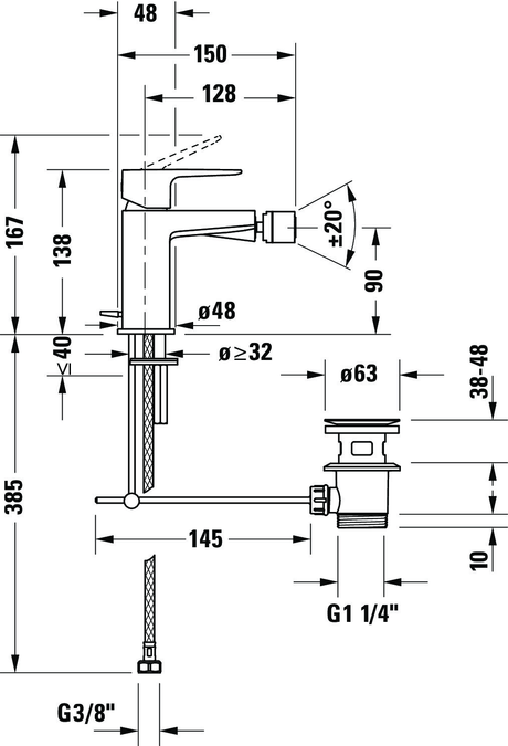 Duravit Baterie bideu Duravit, Manhattan single lever bidet mixer, monocomanda, cartus ceramic, set evacuare cu tija, schwarz mat, negru mat