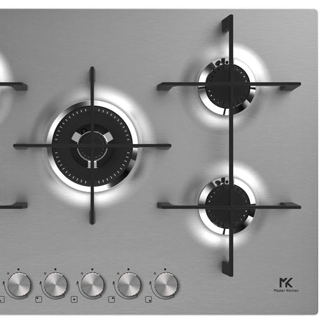 Master Kitchen Plita gaz Master Kitchen, gama Edge, design inox, 75 cm, 5 arzatoare plate, gratare fonta, arzator coroana tripla, aprindere integrata, sistem siguranta