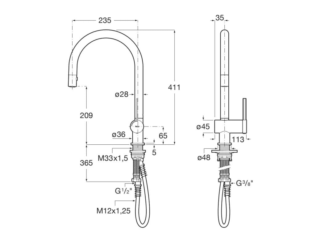 Roca Baterie bucatarie Roca, Gama Ona, pipa inalta, tip U, monocomanda, pivotanta, dus extractabil, 2 functii, crom mat
