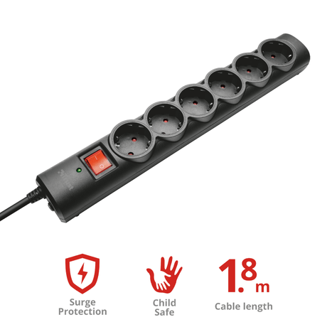 Trust Prelungitor Prelungitor Trust 21059 | 6 Prize, Protectie Supratensiune, Negru
